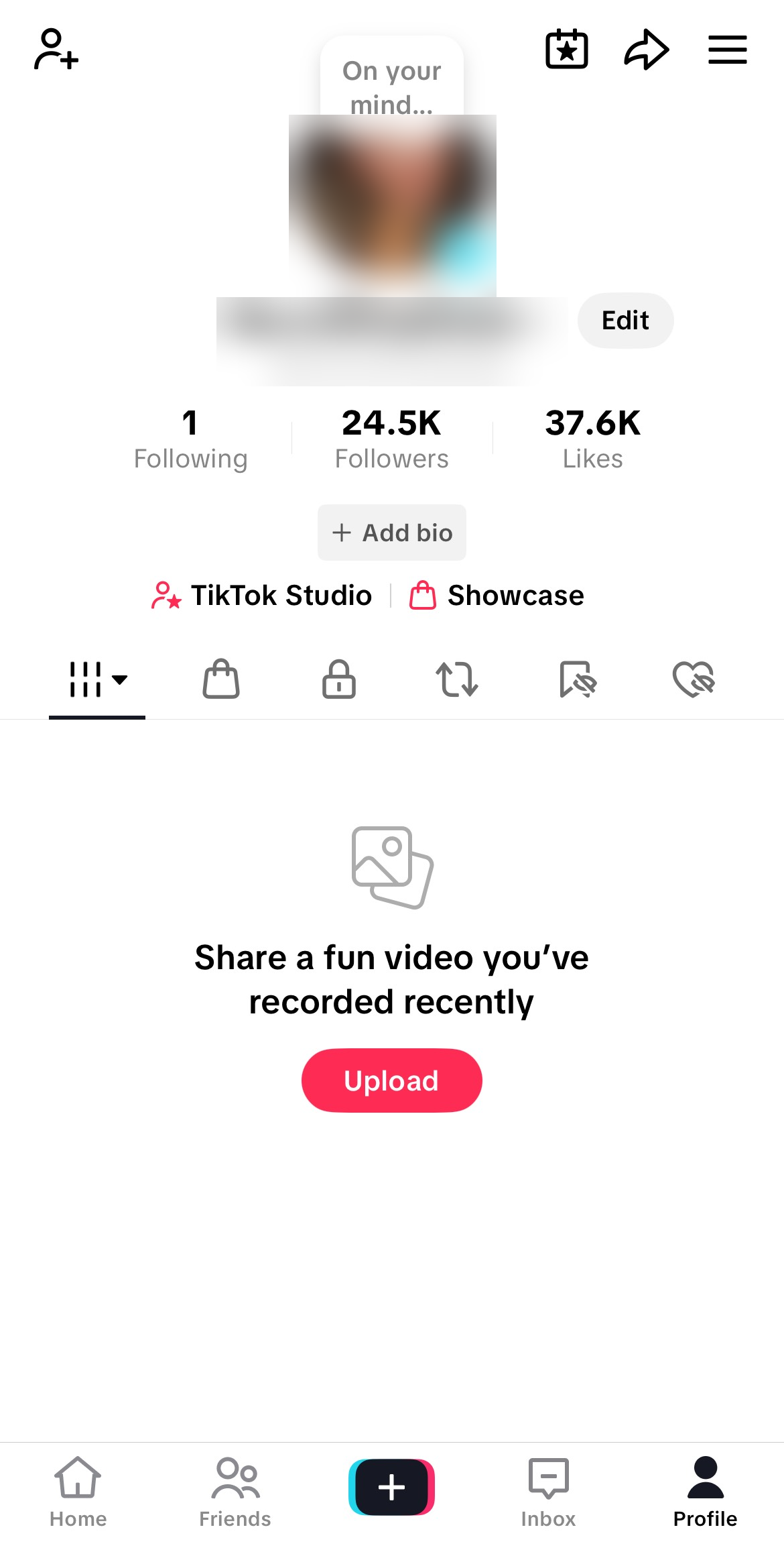 TikTok profile page with the TikTok Studio link under the follower counts