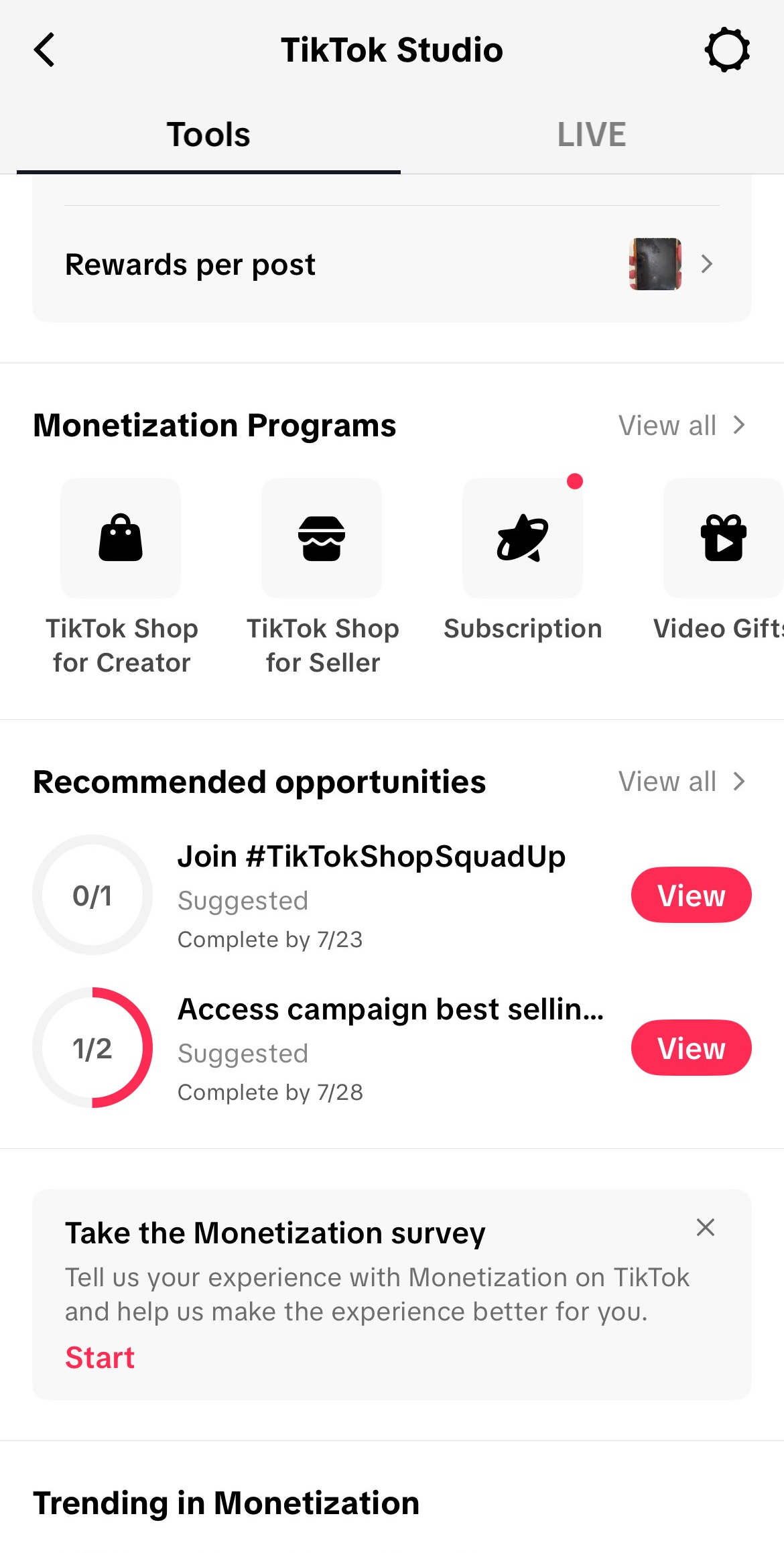 TikTok Studio screen showing Monetization Programs including TikTok Shop for Creator