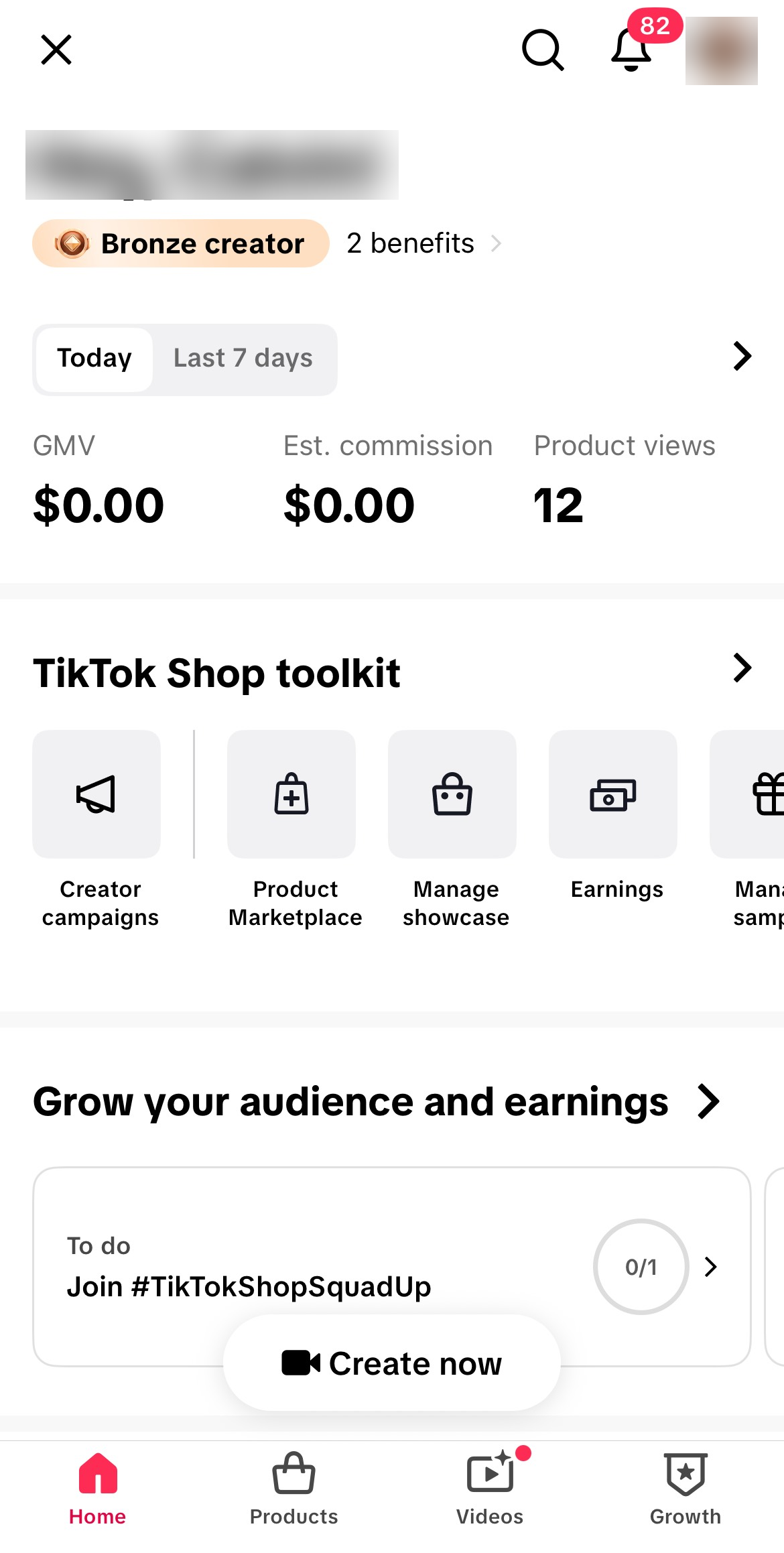 TikTok Shop for Creator home screen with the toolkit row including Earnings