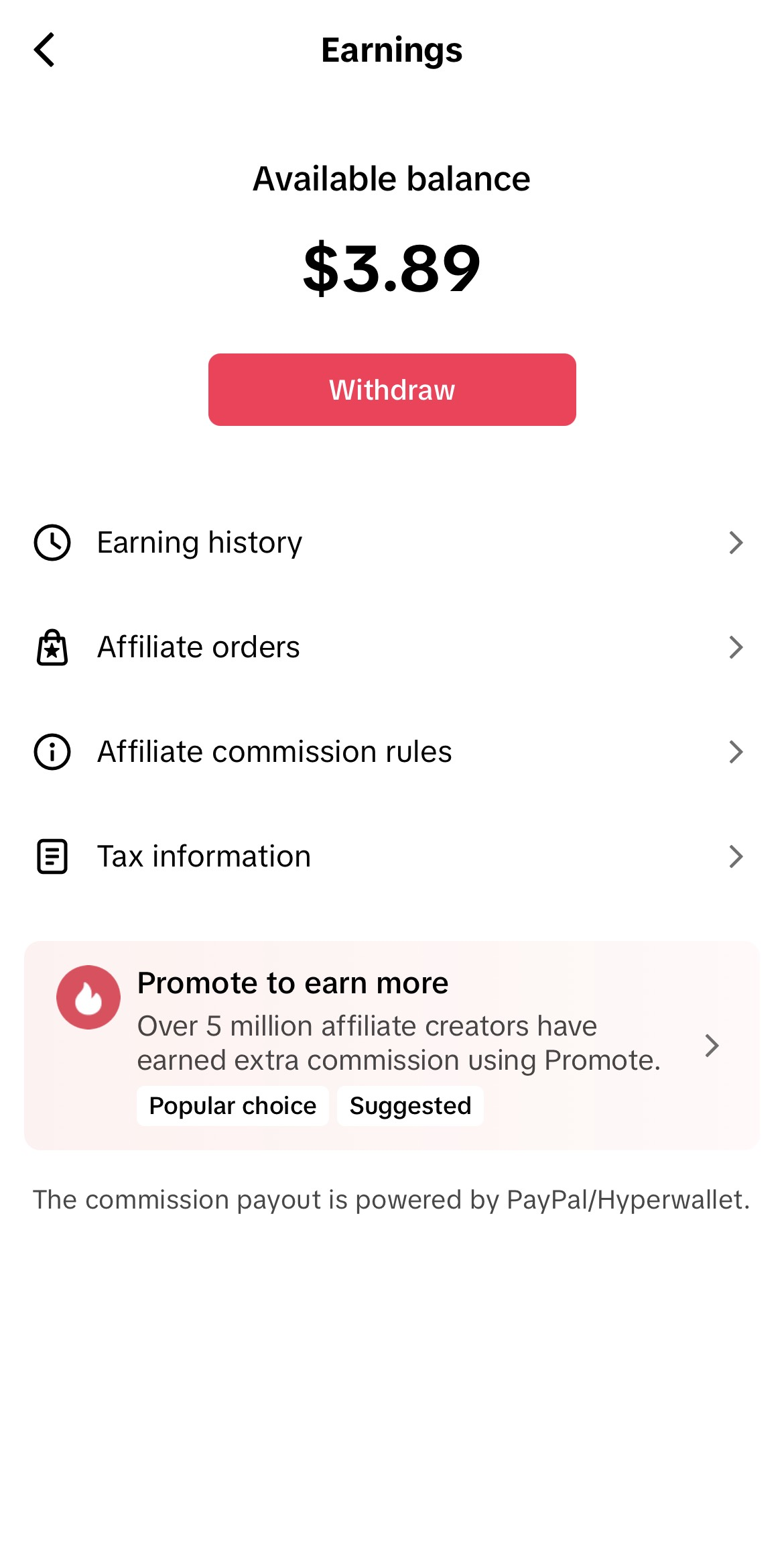 Earnings screen showing available balance, a red Withdraw button, and links to earning history, affiliate orders and tax information
