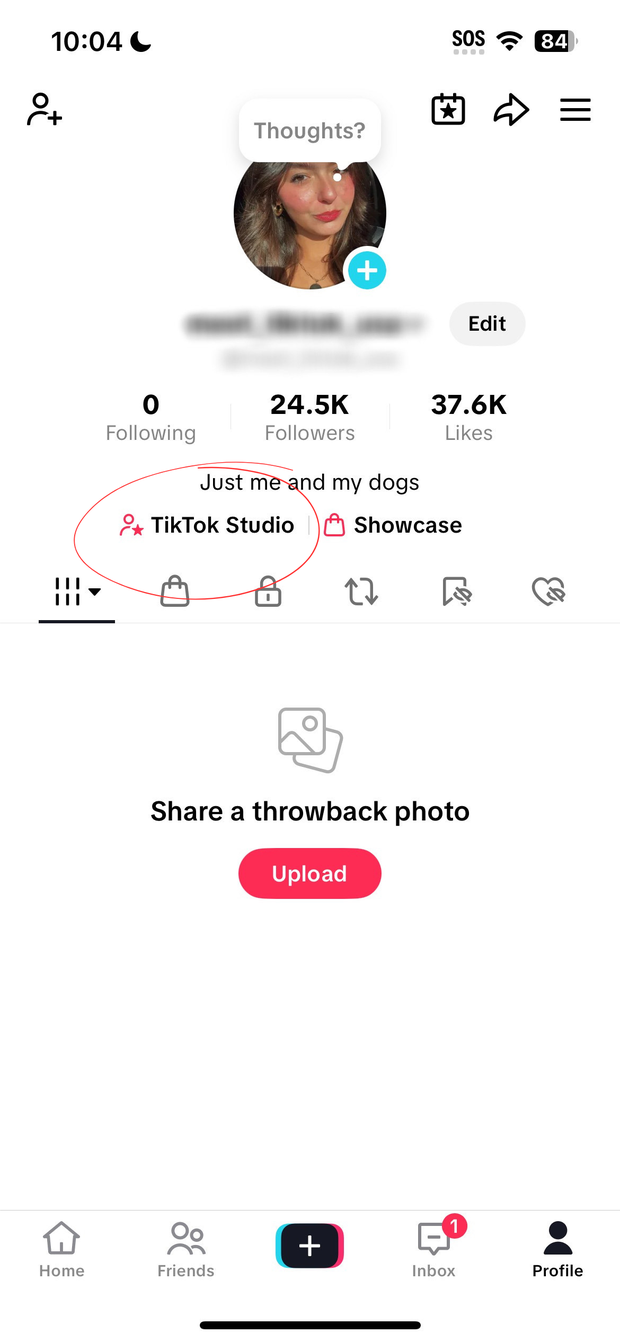 TikTok profile page with TikTok Studio circled