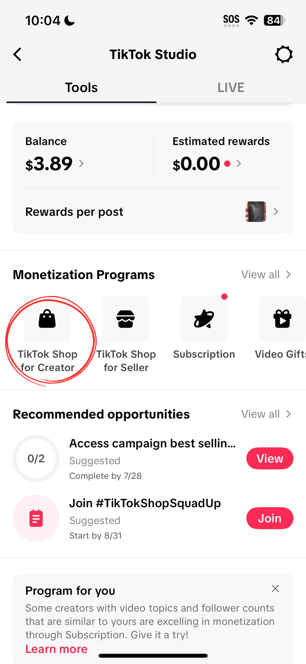 TikTok Studio menu with TikTok Shop for Creator circled