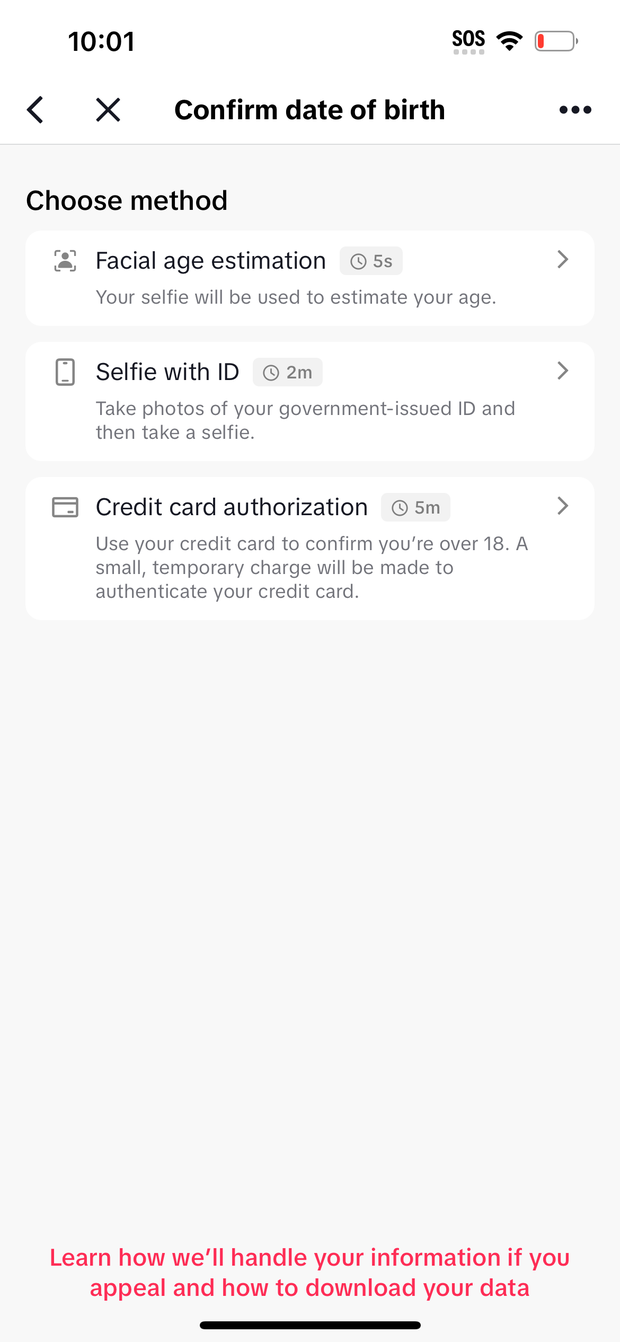 Choose method screen with three verification options