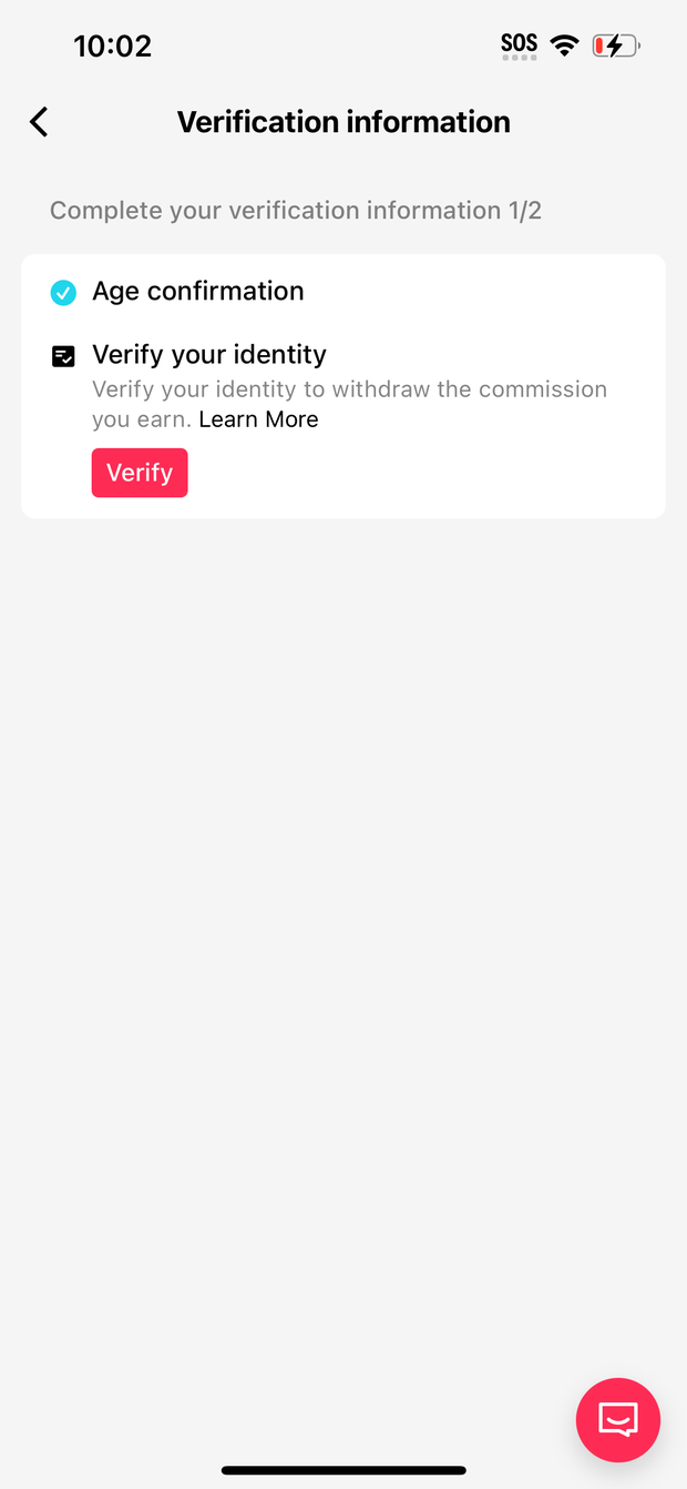 Verification information screen showing age confirmation done and identity pending