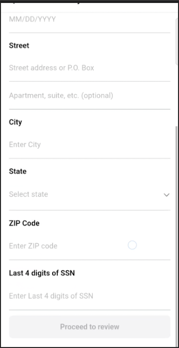 Form continued asking for address and last 4 digits of SSN