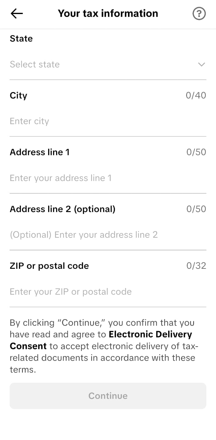 Tax information screen continued asking for state, city, address and ZIP code
