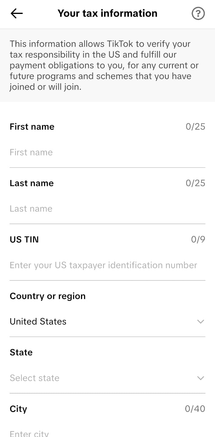 Tax information screen asking for first name, last name, US TIN and country